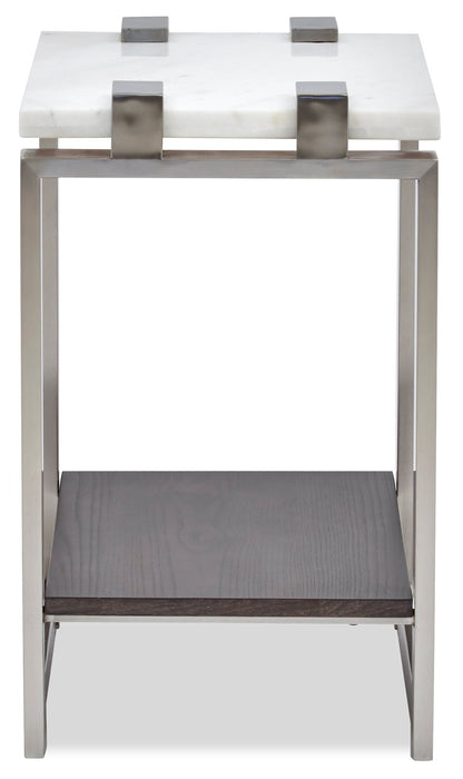 Table de fauteuil moderne Paradox de 16 po avec tablette - dessus en marbre blanc avec armature platine brossé
