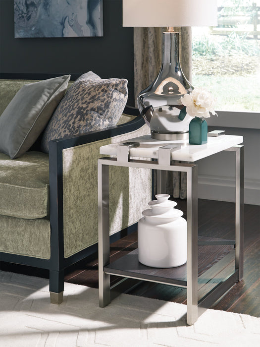 Table de fauteuil moderne Paradox de 16 po avec tablette - dessus en marbre blanc avec armature platine brossé