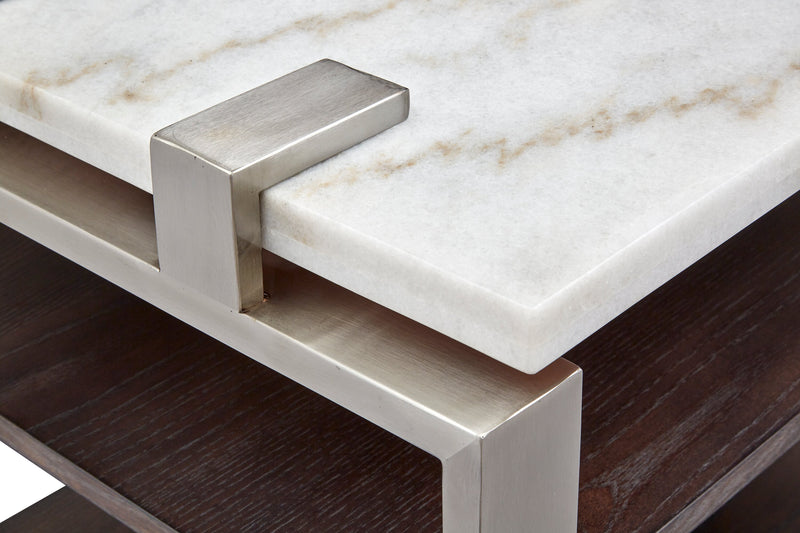 Table de bout moderne Paradox de 22 po avec tablette - dessus en marbre blanc avec armature platine brossé