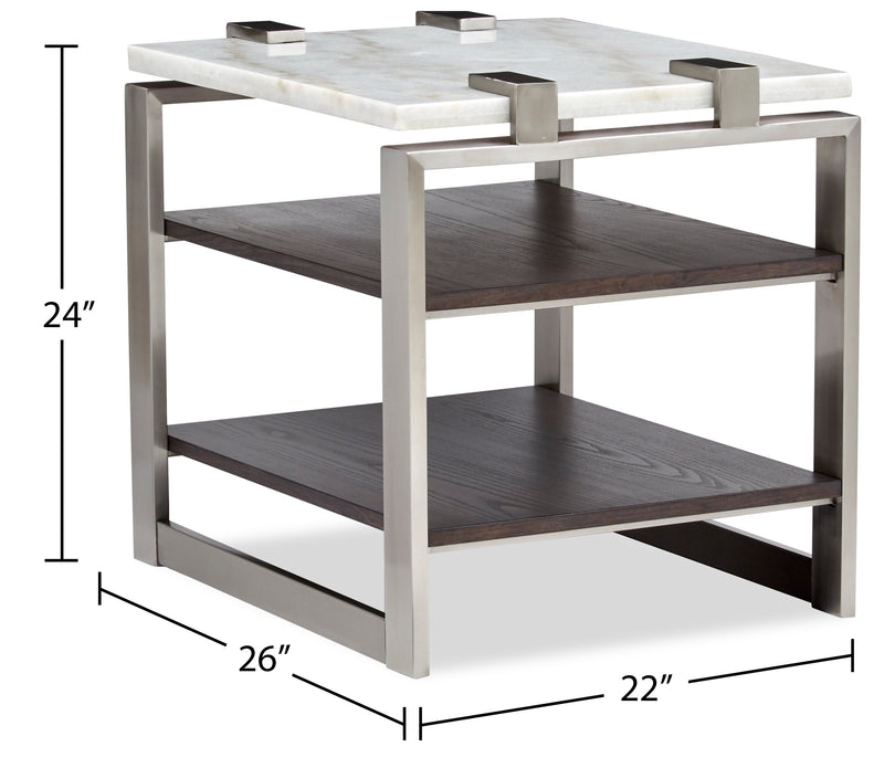 Table de bout moderne Paradox de 22 po avec tablette - dessus en marbre blanc avec armature platine brossé