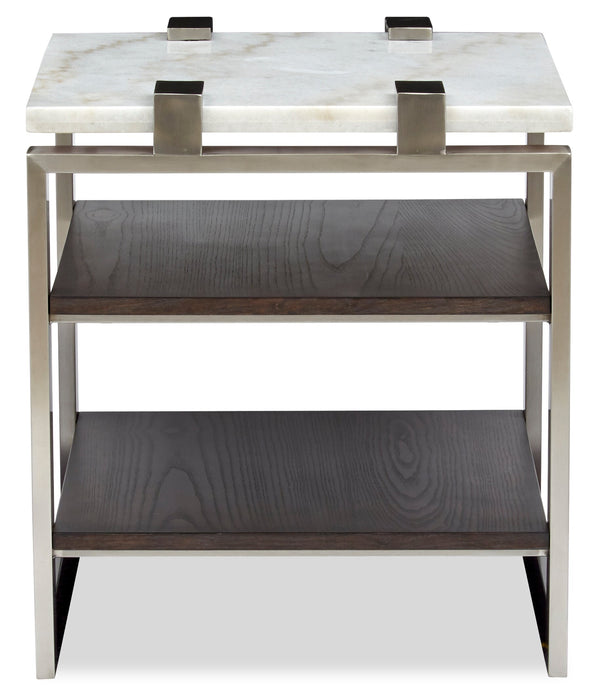 Table de bout moderne Paradox de 22 po avec tablette - dessus en marbre blanc avec armature platine brossé