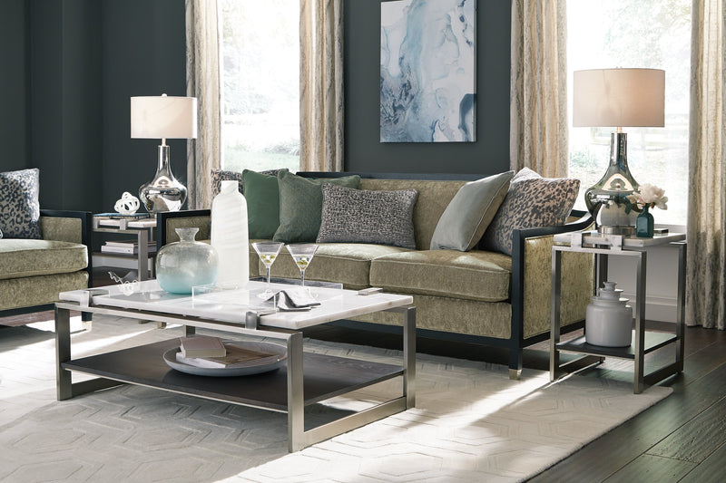 Table de bout moderne Paradox de 22 po avec tablette - dessus en marbre blanc avec armature platine brossé