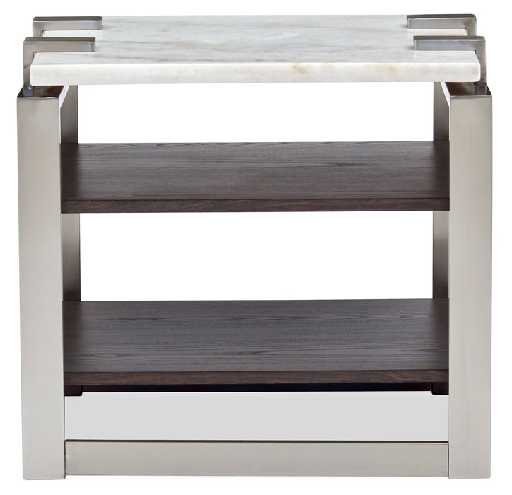 Table de bout moderne Paradox de 22 po avec tablette - dessus en marbre blanc avec armature platine brossé