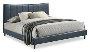 Lit plateforme rembourré Paseo en tissu de cuir végétalien bleu marine - format très grand lit