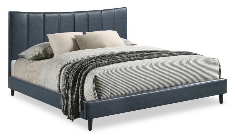 Lit plateforme rembourré Paseo en tissu de cuir végétalien bleu marine - format très grand lit