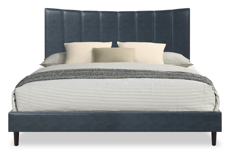 Lit plateforme rembourré Paseo en tissu de cuir végétalien bleu marine - format très grand lit