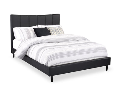 Paseo Platform Bed in Black Vegan-Leather Fabric - Queen Size | Lit plateforme rembourré Paseo en tissu de cuir végétalien noire - format grand lit