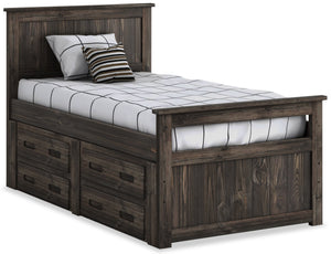 Lit de rangement Piper à 4 tiroirs en pin massif gris bois de grève pour enfants - format lit simple