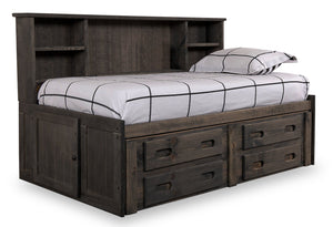 Lit de rangement Piper en pin massif gris bois de grève avec tête de lit bibliothèque pour enfants - format lit double
