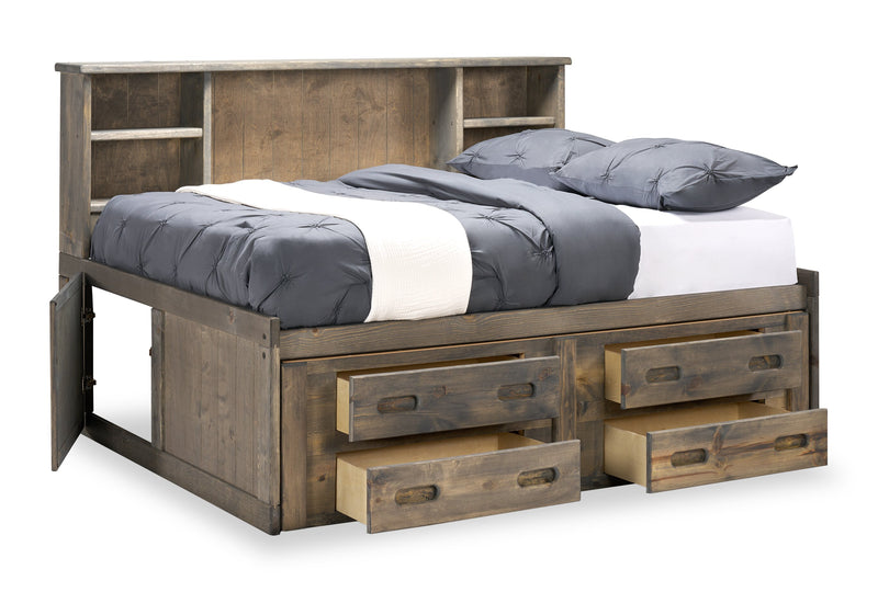 Lit de rangement Piper en pin massif gris bois de grève avec tête de lit bibliothèque pour enfants - format lit double