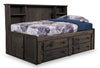 Lit de rangement Piper en pin massif gris bois de grève avec tête de lit bibliothèque pour enfants - format lit double
