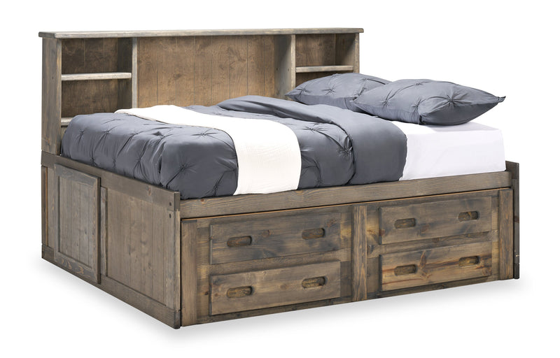 Lit de rangement Piper en pin massif gris bois de grève avec tête de lit bibliothèque pour enfants - format lit double