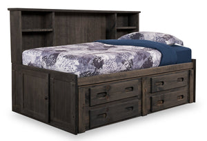 Lit de rangement Piper en pin massif gris bois de grève avec tête de lit bibliothèque pour enfants - format lit double