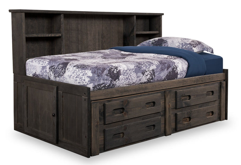 Lit de rangement Piper en pin massif gris bois de grève avec tête de lit bibliothèque pour enfants - format lit double