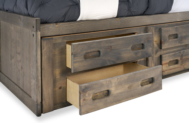 Lit de rangement Piper en pin massif gris bois de grève avec tête de lit bibliothèque pour enfants - format lit double