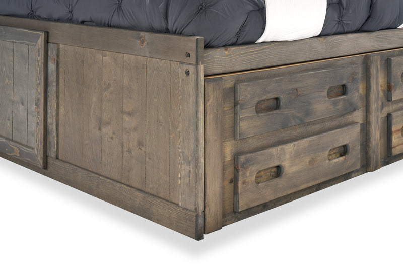 Lit de rangement Piper en pin massif gris bois de grève avec tête de lit bibliothèque pour enfants - format lit double