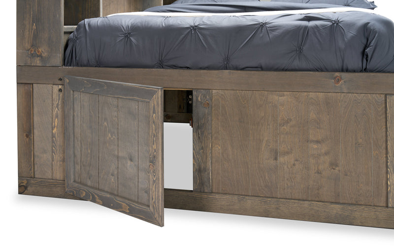 Lit de rangement Piper en pin massif gris bois de grève avec tête de lit bibliothèque pour enfants - format lit double