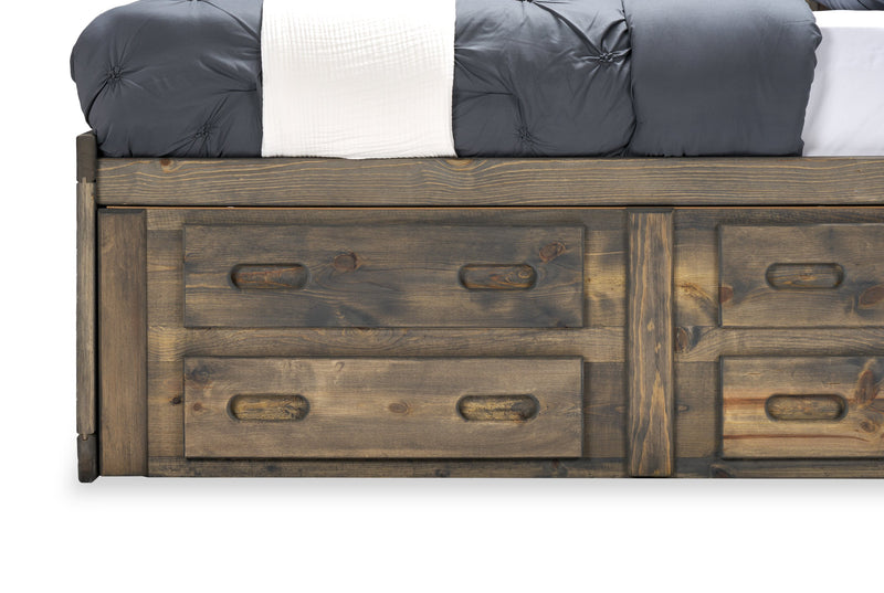 Lit de rangement Piper en pin massif gris bois de grève avec tête de lit bibliothèque pour enfants - format lit double