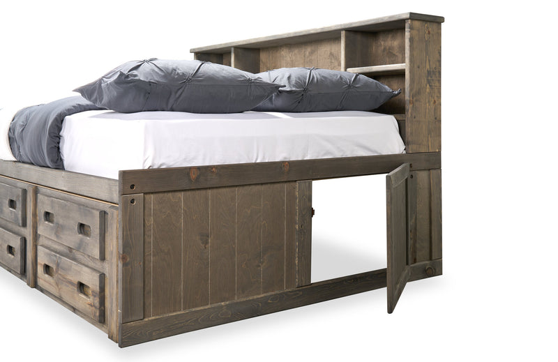 Lit de rangement Piper en pin massif gris bois de grève avec tête de lit bibliothèque pour enfants - format lit double