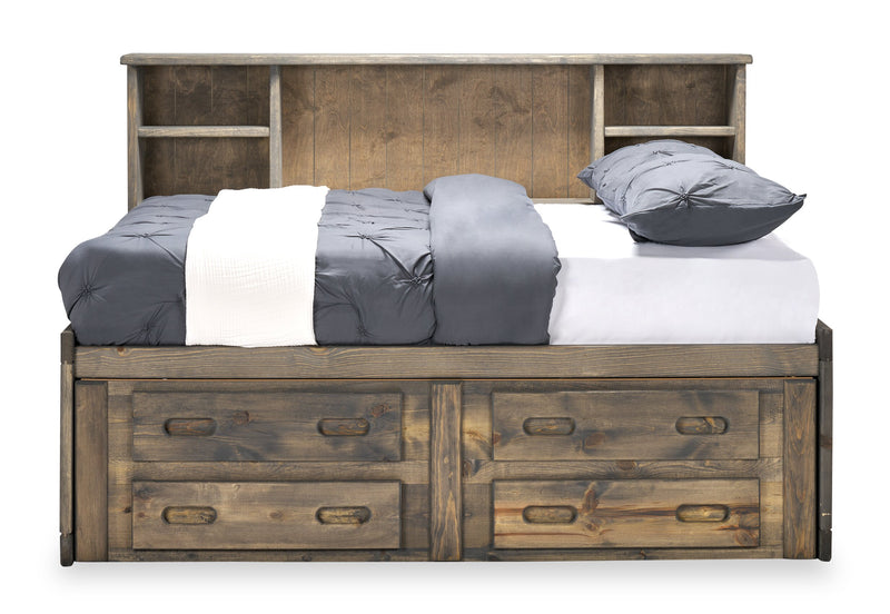 Lit de rangement Piper en pin massif gris bois de grève avec tête de lit bibliothèque pour enfants - format lit double