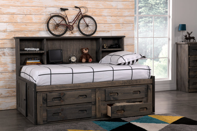 Lit de rangement Piper en pin massif gris bois de grève avec tête de lit bibliothèque pour enfants - format lit simple