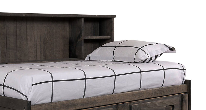 Lit de rangement Piper en pin massif gris bois de grève avec tête de lit bibliothèque pour enfants - format lit simple