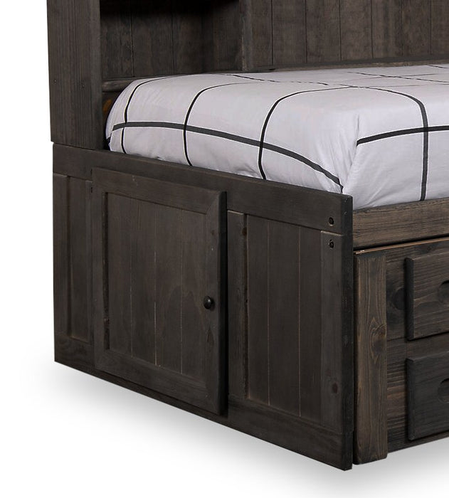 Lit de rangement Piper en pin massif gris bois de grève avec tête de lit bibliothèque pour enfants - format lit simple