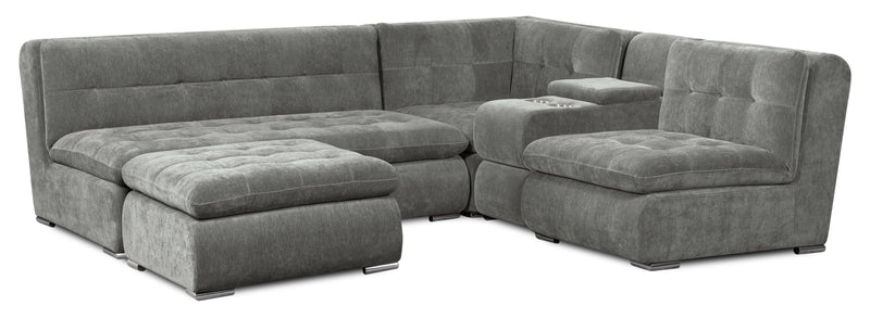 Sofa sectionnel modulaire Plaza de Scott Living 5 pièces en tissu avec console de rangement, 2 porte-gobelets et pouf - gris