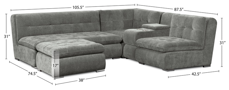 Sofa sectionnel modulaire Plaza de Scott Living 5 pièces en tissu avec console de rangement, 2 porte-gobelets et pouf - gris