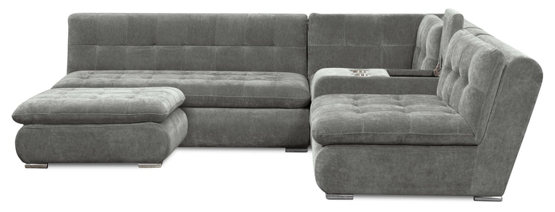 Sofa sectionnel modulaire Plaza de Scott Living 5 pièces en tissu avec console de rangement, 2 porte-gobelets et pouf - gris