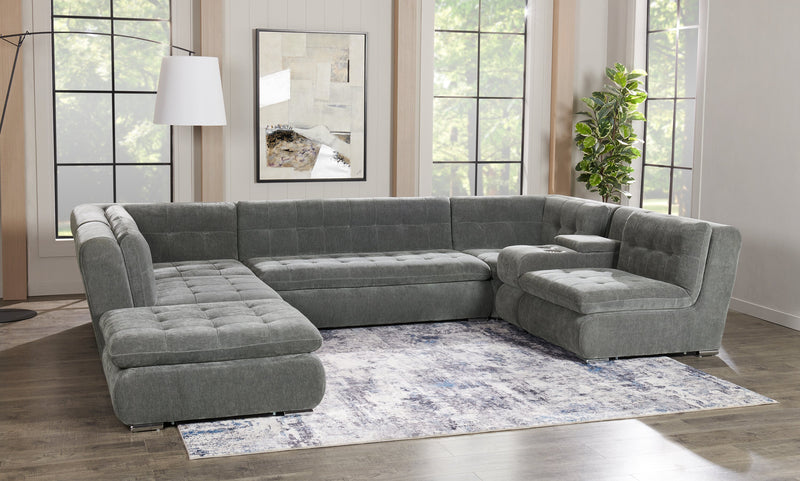 Sofa sectionnel modulaire Plaza de Scott Living 7 pièces en tissu avec console de rangement et 2 porte-gobelets - gris