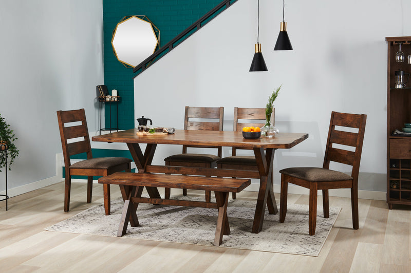Ensemble de salle à manger Plum 6 pièces en bois avec table de 70,75 po (L), apparence de bordures Live Edge, banc et 4 chaises - brun muscade