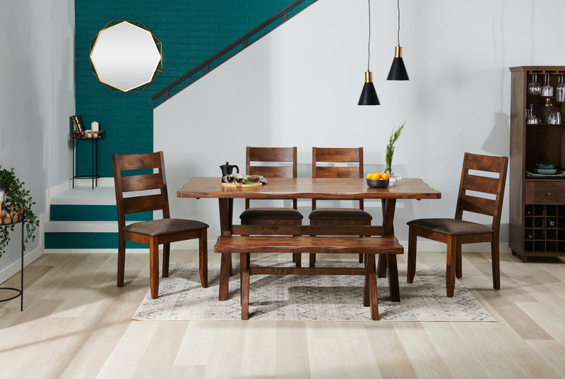 Ensemble de salle à manger Plum 6 pièces en bois avec table de 70,75 po (L), apparence de bordures Live Edge, banc et 4 chaises - brun muscade
