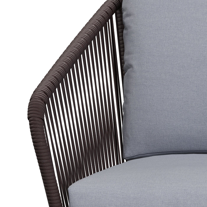 Ensemble de conversation Porto 4 pièces pour la terrasse à l’extérieur avec causeuse, 2 fauteuils et table à café - osier de type corde et métal, résistant aux rayons UV et aux intempéries - noir et gris