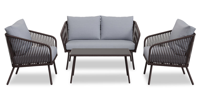 Ensemble de conversation Porto 4 pièces pour la terrasse à l’extérieur avec causeuse, 2 fauteuils et table à café - osier de type corde et métal, résistant aux rayons UV et aux intempéries - noir et gris