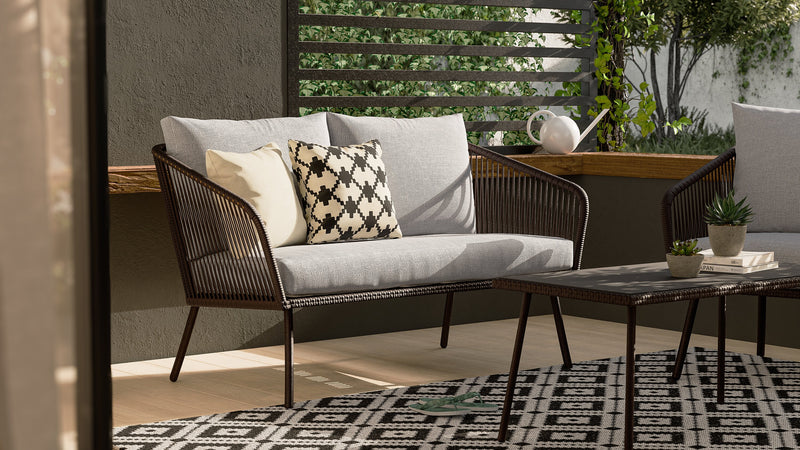 Ensemble de conversation Porto 4 pièces pour la terrasse à l’extérieur avec causeuse, 2 fauteuils et table à café - osier de type corde et métal, résistant aux rayons UV et aux intempéries - noir et gris