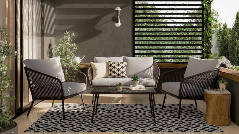 Ensemble de conversation Porto 4 pièces pour la terrasse à l’extérieur avec causeuse, 2 fauteuils et table à café - osier de type corde et métal, résistant aux rayons UV et aux intempéries - noir et gris