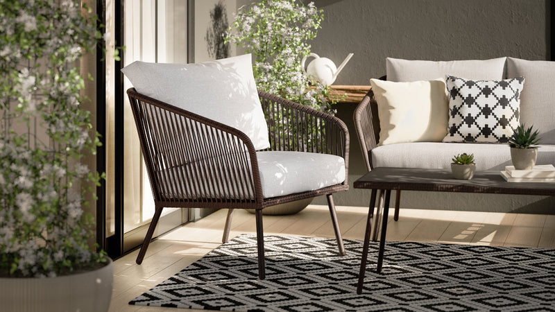 Ensemble de conversation Porto 4 pièces pour la terrasse à l’extérieur avec causeuse, 2 fauteuils et table à café - osier de type corde et métal, résistant aux rayons UV et aux intempéries - noir et gris