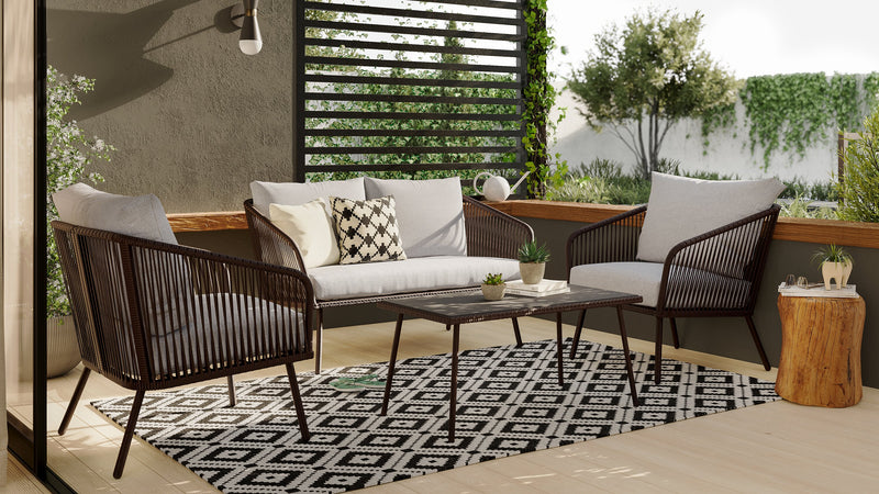 Ensemble de conversation Porto 4 pièces pour la terrasse à l’extérieur avec causeuse, 2 fauteuils et table à café - osier de type corde et métal, résistant aux rayons UV et aux intempéries - noir et gris