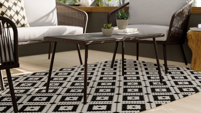 Ensemble de conversation Porto 4 pièces pour la terrasse à l’extérieur avec causeuse, 2 fauteuils et table à café - osier de type corde et métal, résistant aux rayons UV et aux intempéries - noir et gris