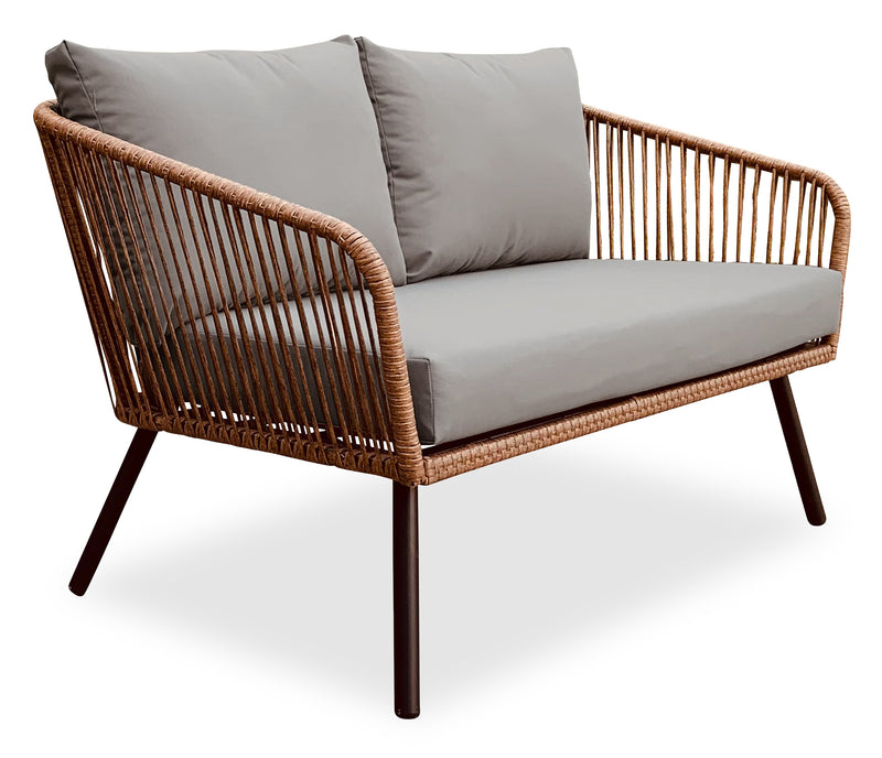 Ensemble de conversation Porto 4 pièces pour la terrasse à l’extérieur avec causeuse, 2 fauteuils et table à café - osier de type corde et métal, résistant aux rayons UV et aux intempéries - naturel et beige