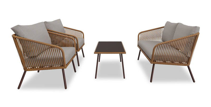 Ensemble de conversation Porto 4 pièces pour la terrasse à l’extérieur avec causeuse, 2 fauteuils et table à café - osier de type corde et métal, résistant aux rayons UV et aux intempéries - naturel et beige