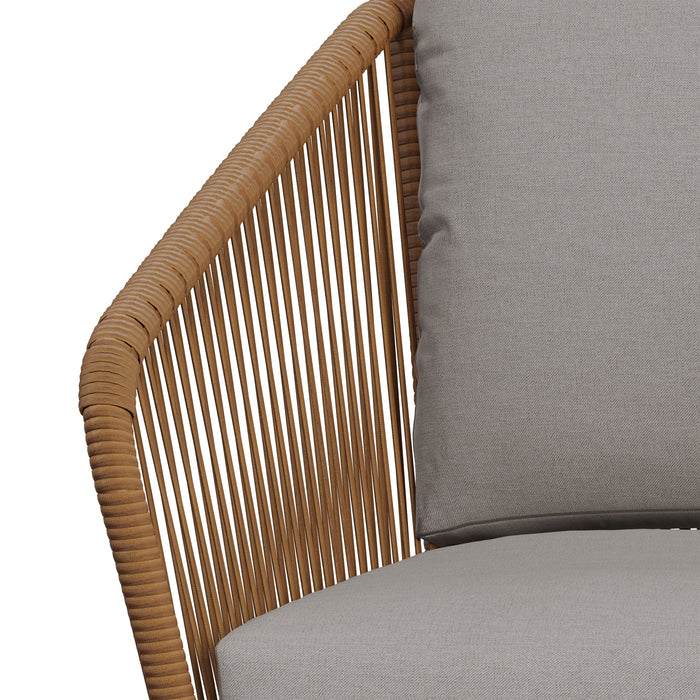 Ensemble de conversation Porto 4 pièces pour la terrasse à l’extérieur avec causeuse, 2 fauteuils et table à café - osier de type corde et métal, résistant aux rayons UV et aux intempéries - naturel et beige
