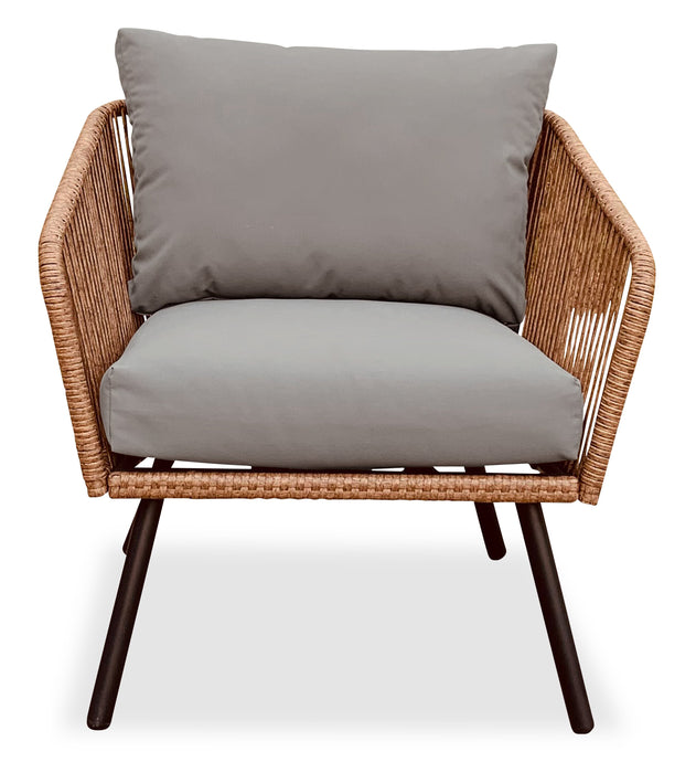 Ensemble de conversation Porto 4 pièces pour la terrasse à l’extérieur avec causeuse, 2 fauteuils et table à café - osier de type corde et métal, résistant aux rayons UV et aux intempéries - naturel et beige