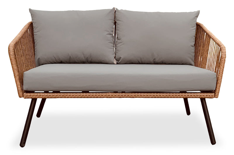 Ensemble de conversation Porto 4 pièces pour la terrasse à l’extérieur avec causeuse, 2 fauteuils et table à café - osier de type corde et métal, résistant aux rayons UV et aux intempéries - naturel et beige