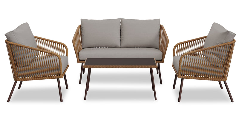 Ensemble de conversation Porto 4 pièces pour la terrasse à l’extérieur avec causeuse, 2 fauteuils et table à café - osier de type corde et métal, résistant aux rayons UV et aux intempéries - naturel et beige