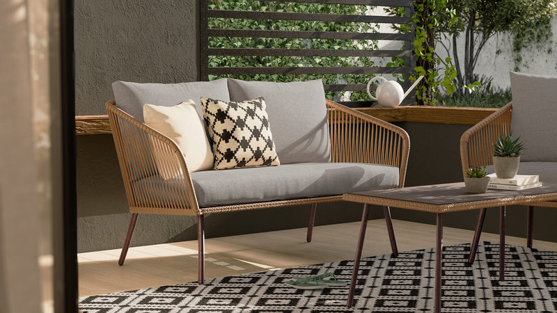 Ensemble de conversation Porto 4 pièces pour la terrasse à l’extérieur avec causeuse, 2 fauteuils et table à café - osier de type corde et métal, résistant aux rayons UV et aux intempéries - naturel et beige