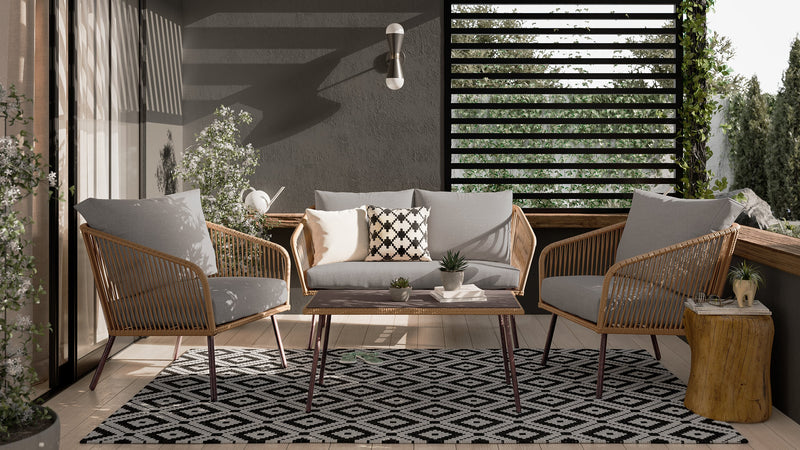 Ensemble de conversation Porto 4 pièces pour la terrasse à l’extérieur avec causeuse, 2 fauteuils et table à café - osier de type corde et métal, résistant aux rayons UV et aux intempéries - naturel et beige
