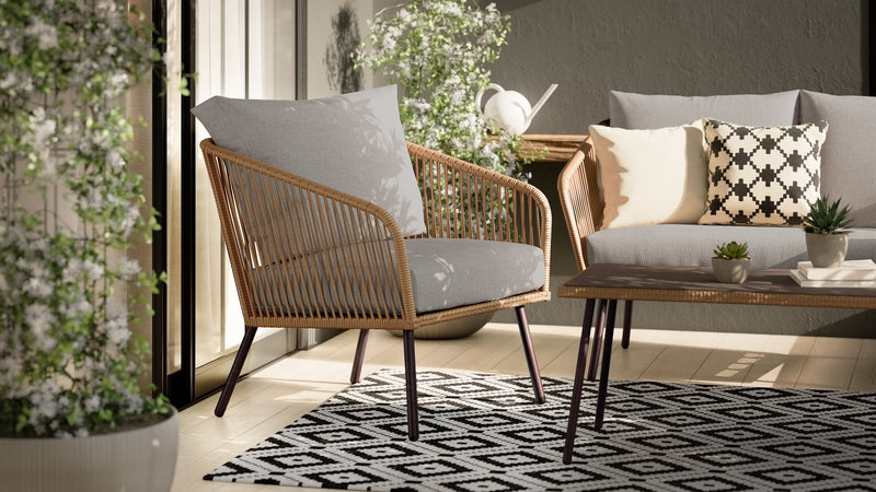 Ensemble de conversation Porto 4 pièces pour la terrasse à l’extérieur avec causeuse, 2 fauteuils et table à café - osier de type corde et métal, résistant aux rayons UV et aux intempéries - naturel et beige