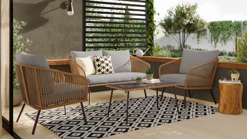 Ensemble de conversation Porto 4 pièces pour la terrasse à l’extérieur avec causeuse, 2 fauteuils et table à café - osier de type corde et métal, résistant aux rayons UV et aux intempéries - naturel et beige